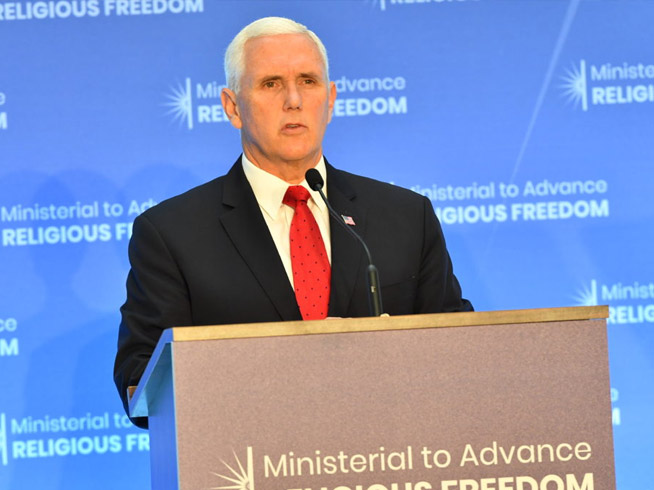 U.S. Vice President, Mike Pence, speaking at the inaugural Ministerial Religious Freedom Summit