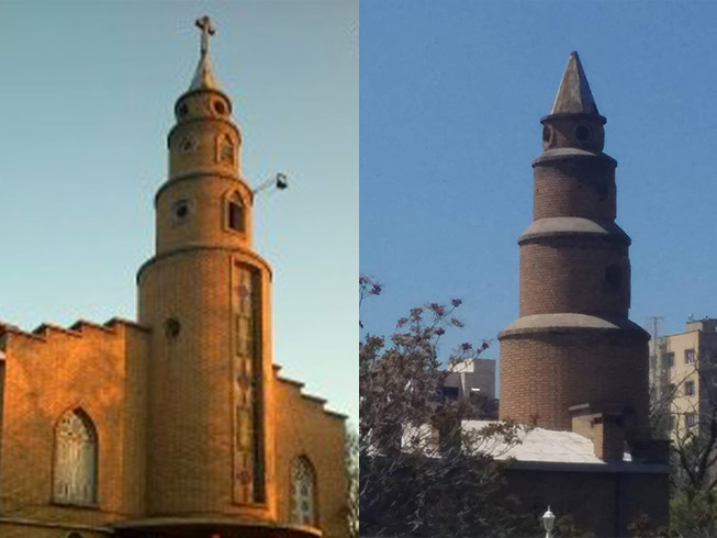 The Assyrian Evangelical Church in Tabriz with its cross, left, and, on the right (viewed from the rear of the building), after the authorities tore it down on 9 May